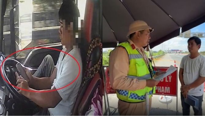 Tài xế container lái xe bằng một chân, tay cầm điện thoại lướt TikTok, bất ngờ trước án phạt