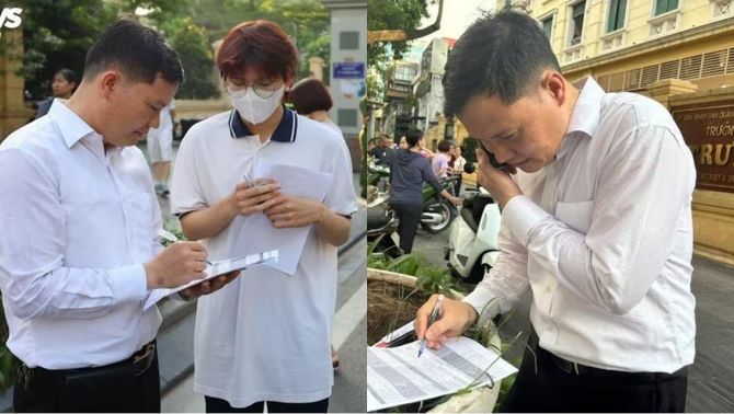 Xúc động hình ảnh thầy giáo đứng chờ ở cổng trường từ sớm, điểm danh đủ học sinh đến thi mới an tâm