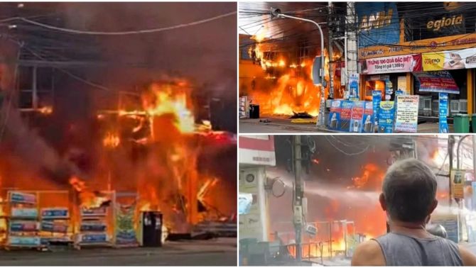 NÓNG: Kinh hoàng lửa cháy ngùn ngụt, cột khói cao hàng chục mét bốc lên từ cửa hàng Điện Máy Xanh, kho hàng bị thiêu rụi
