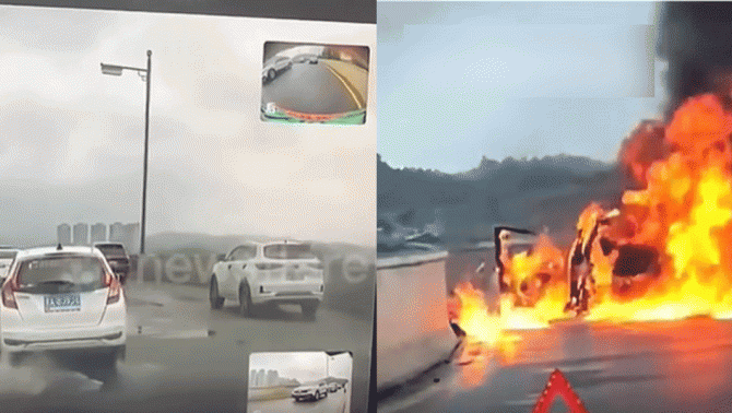 Clip xe ô tô bốc cháy dữ dội, chỉ còn lại trơ khung sắt sau khi đi qua vũng nước đọng trên đường