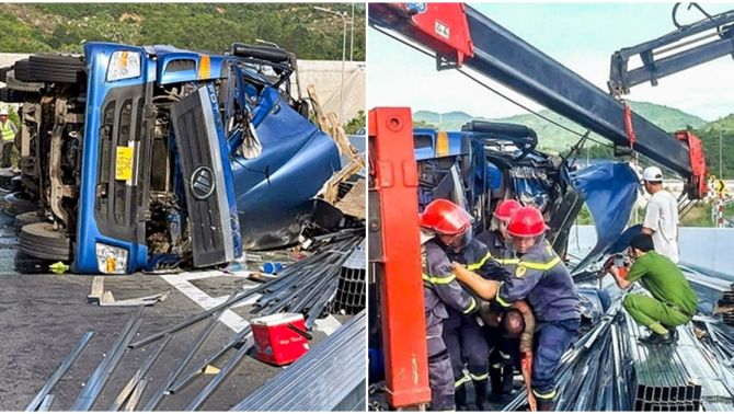 Hiện trường ớn lạnh vụ xe tải bị lật trên đường cao tốc Nha Trang - Cam Lâm, 2 người bị kẹt trong cabin tử vong