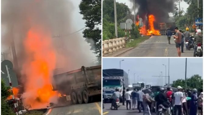 Hiện trường 'rực lửa' vụ hai xe container to bất ngờ đâm vào nhau rồi bốc cháy dữ dội ở Đồng Nai