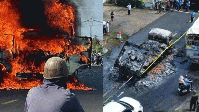 Xe tải chở tôm lao tới đúng lúc 2 xe máy vừa va chạm: 2 người tử vong, xe máy và xe tải bị thiêu rụi