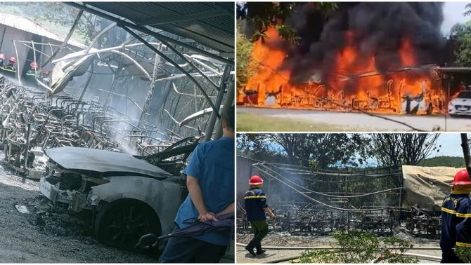 Sau nhiều tiếng nổ lớn, lửa bùng lên thiêu rụi dàn xe chở khách và ô tô ở chùa Hương Tích, thiệt hại hàng tỷ đồng