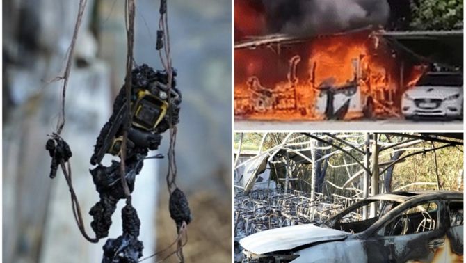 Hiện trường hoang tàn vụ cháy khiến 1 xe ô tô và 9 xe điện cháy trơ trụi ở chùa Hương Tích 