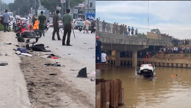 Camera ghi lại cảnh ô tô lùa 2 xe máy rồi lao xuống sông ở Nghệ An, cập nhật tình hình các nạn nhân