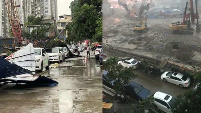  Ảnh hưởng bão Wipha, Hà Nội đã có thiệt hại: Hiện trường hàng rào công trình đè loạt ô tô