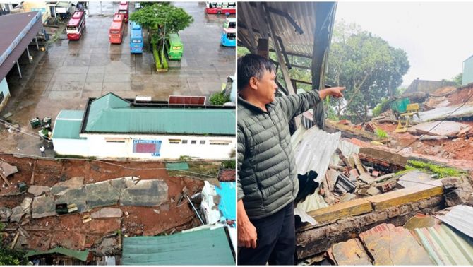 3 ông cháu thoát chết diệu kì khi bức tường 40m của bến xe Đức Long Gia Lai đổ sập, nhiều tài sản bị thiệt hại