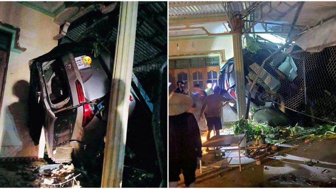 Camera ghi lại cảnh ô tô tông thẳng vào nhà dân, xe mắc kẹt vào cột sắt, tài xế tử vong