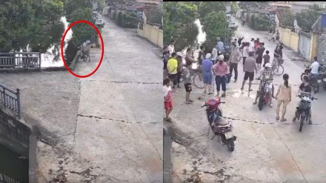 Camera ghi lại cảnh 2 cháu bé đạp xe lao thẳng xuống mương, phép màu xuất hiện chỉ trong tích tắc
