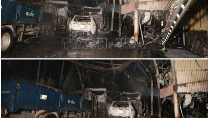 Nóng: Cháy lớn tại một gara xe ở Bắc Ninh trong đêm, 6 chiếc ô tô bị thiêu rụi không còn gì