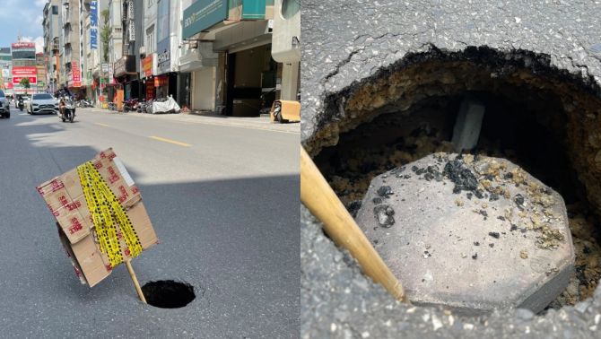 Hà Nội: Hố sụt sâu hơn 1m bất ngờ ‘há miệng’ giữa phố Hà Nội, suýt nuốt trọn xe máy