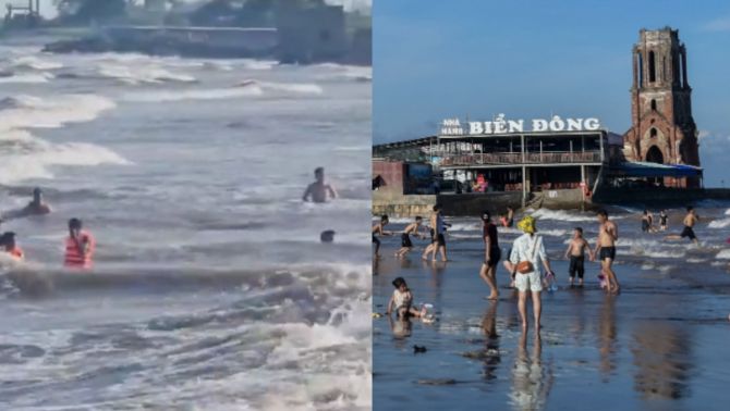 Bãi biển vừa xảy ra vụ 5 du khách bị sóng cuốn ở Ninh Bình: Nhiều người vẫn bất chấp tắm, đùa nghịch sát mép sóng