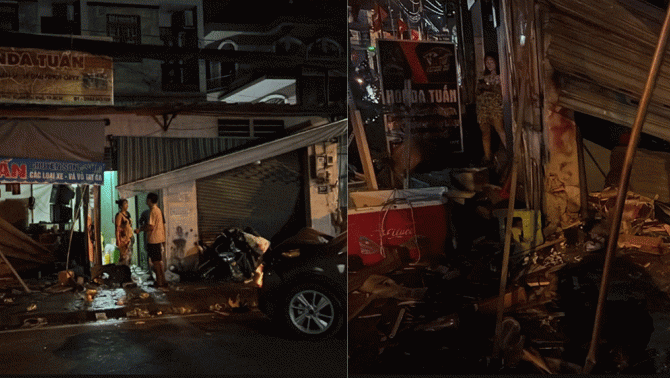 Hiện trường đổ nát vụ xe taxi công nghệ lao lên vỉa hè tông 2 người và nhiều tài sản hư hỏng nặng