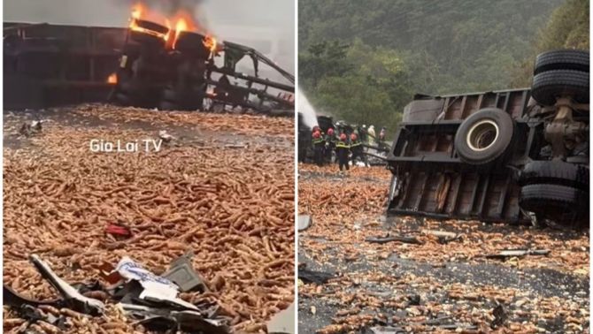 Hiện trường hoang tàn vụ xe đầu kéo và xe tải đâm nhau giữa trời mưa: Khoai mì vương vãi đầy đường