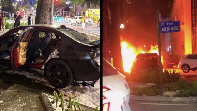 Hiện trường vụ ô tô cháy trơ khung giữa phố Hà Nội, người dân hốt hoảng tháo chạy