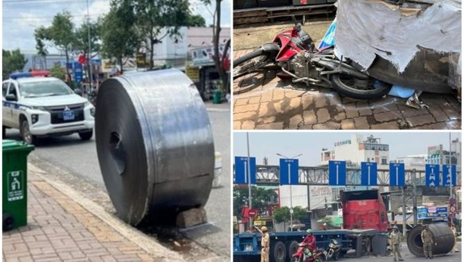 Hiện trường kinh hoàng 2 cuộn thép hàng chục tấn rơi khỏi xe đầu kéo, đè bẹp dúm xe máy ở TP.HCM
