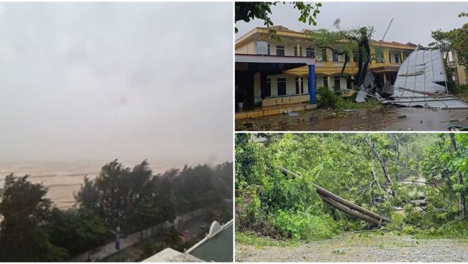 Bão số 5 cách bờ biển Nghệ An - Hà Tĩnh 28km, loạt ngôi nhà trường học đã bị tốc mái, cây cối đổ rạp