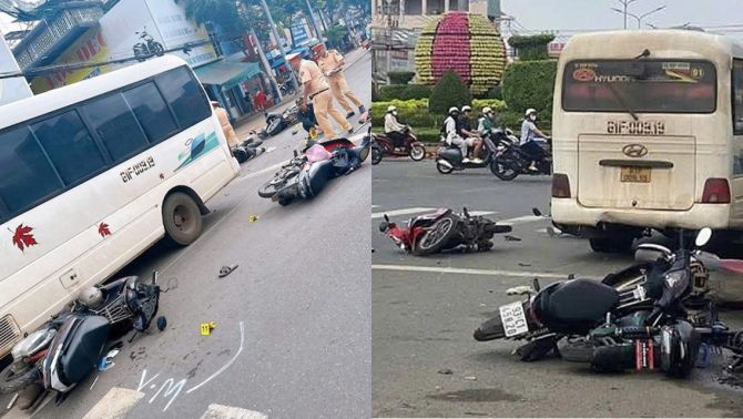 Cảnh tượng ám ảnh khi ô tô 29 chỗ lao vào loạt xe máy chờ đèn đỏ ở Đồng Nai, nhiều người bị thương