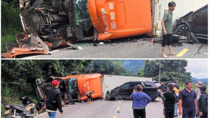 Hiện trường 'nát vụn' vụ xe container bất ngờ 'trượt dài' trên đèo Bảo Lộc, gây tai nạn liên hoàn