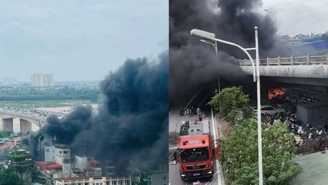 Hà Nội: Khói đen cuồn cuộn từ vụ cháy bãi xe dưới gầm cầu Vĩnh Tuy khiến dân hoảng sợ
