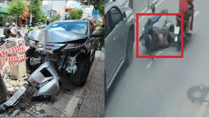 TP.HCM: Hiện trường vụ ô tô 7 chỗ tông liên hoàn, đâm gãy trụ điện khiến 3 người bị thương