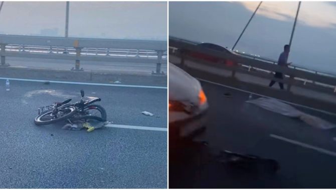 Camera ghi lại cảnh người đàn ông đi xe đạp ngược chiều trên cầu Nhật Tân, tông trực diện vào ô tô tử vong