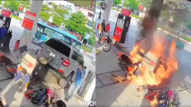 Camera ghi lại cảnh ô tô húc đổ trụ bơm xăng, 1 người bị lửa nhấn chìm, thoát nạn trong gang tấc