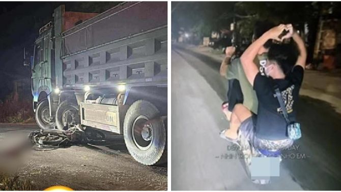 Hiện trường xe máy ‘kẹp 3’ đi với tốc độ ‘bàn thờ’ lao vào ô tô tải, 3 thanh niên thương vong
