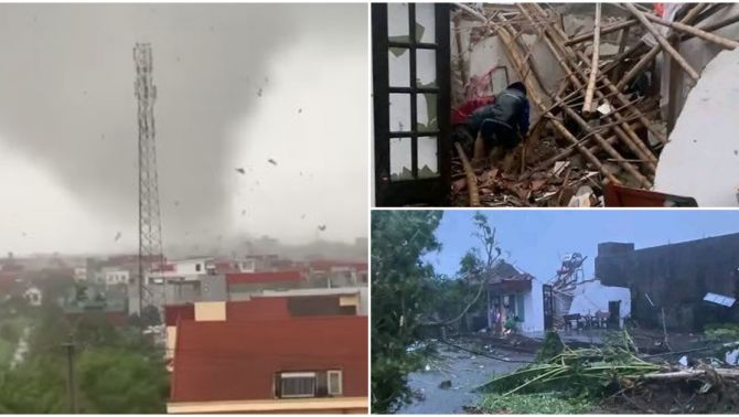 Clip ghi lại cận cảnh lốc xoáy kinh hoàng kéo sập nhiều nhà dân ở Ninh Bình khiến 6 người thiệt mạng