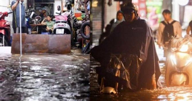 Hà Nội ngập trong biển nước sau hoàn lưu bão: Hàng dài người phải dắt bộ, lội bì bõm trong dòng nước