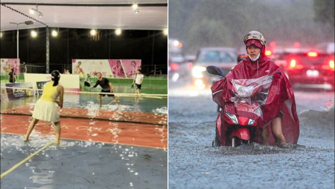 Hà Nội ngập lụt khắp nơi, CĐM tranh cãi dữ dội vì có nên chơi pickleball dưới trời mưa?