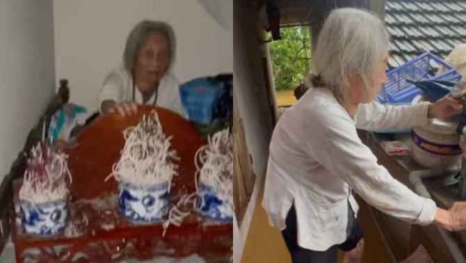 Không khỏi xót xa cảnh bà cụ hơn 90 tuổi ôm bát hương chồng trong căn nhà ngập nước ở Thái Nguyên