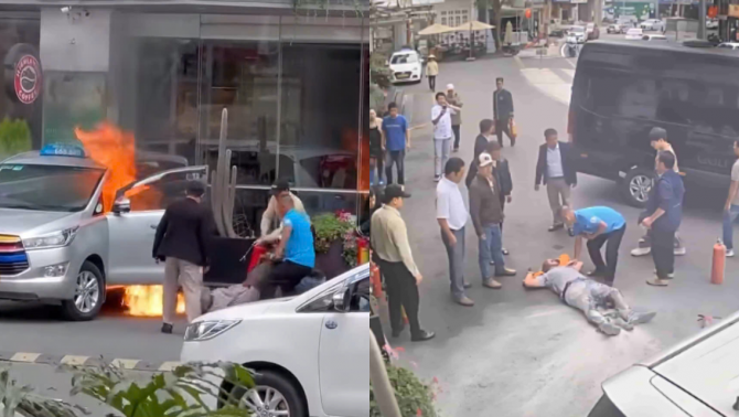 Hiện trường taxi bốc cháy giữa Đà Lạt, tài xế được người dân đưa ra ngoài trong tình trạng không ai ngờ