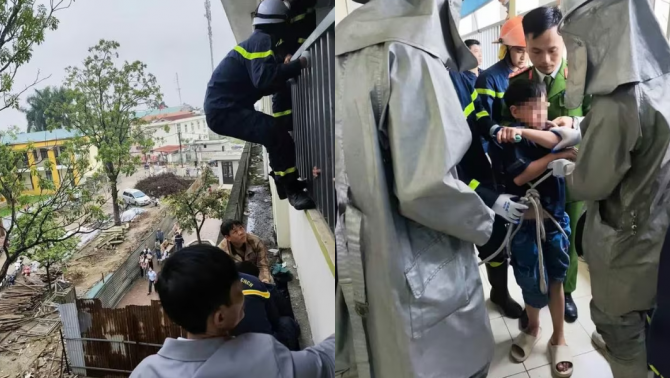 Thót tim cảnh giải cứu một em học sinh tiểu học bị kẹt ngoài lan can trường học