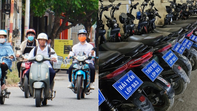 Luật sư nói gì về 400 biển tên gắn lên xe điện của học sinh?