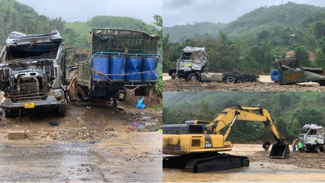 Những hình ảnh đầu tiên trục vớt xe tải bị cuốn trôi ở Quảng Trị, cập nhật tình hình tìm kiếm tài xế