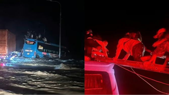 Khánh Hòa: Xe khách chở 33 người bị lũ cuốn trôi xuống hố sâu, nghẹt thở giây phút giải cứu