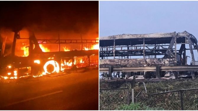 Xe giường nằm chở hàng chục khách bốc cháy trơ khung khi đang chạy trên cao tốc TP.HCM - Trung Lương