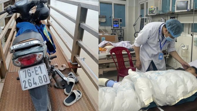 Hiện trường người đàn ông bỏ xe máy giữa cầu, ôm hai cháu nhỏ nhảy cầu ở Quảng Ngãi, một bé tử vong