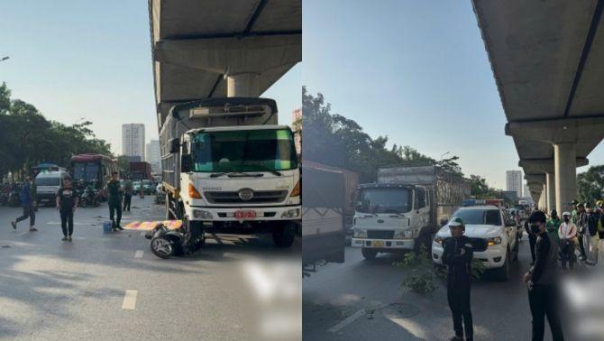 Hiện trường kinh hoàng vụ xe máy va chạm xe tải khiến một người tử vong tại chỗ ở Hồ Tùng Mậu, Hà Nội