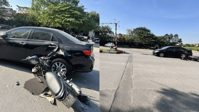 Camera ghi lại cảnh 2 thiếu niên lớp 9 không đội mũ bảo hiểm tông mạnh vào xe ô tô sang ở Hà Nội