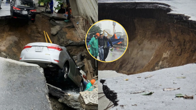 Hình ảnh hiện trường hố tử thần 'nuốt trọn' ô tô con tại Đà Nẵng, công an làm rõ nguyên nhân sự cố