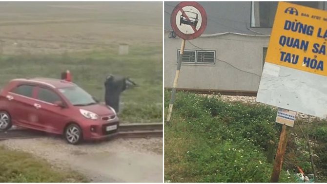 Đứng tim khoảnh khắc tàu hỏa phanh khẩn cấp cứu ô tô mắc kẹt trên đường ray, tài xế rất nhanh trí xử lý