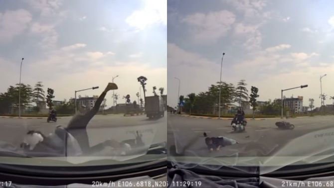 Camera ghi lại khoảnh khắc 2 cô gái đi xe máy phóng nhanh bay qua đầu ô tô, tình trạng hiện tại của cả hai?