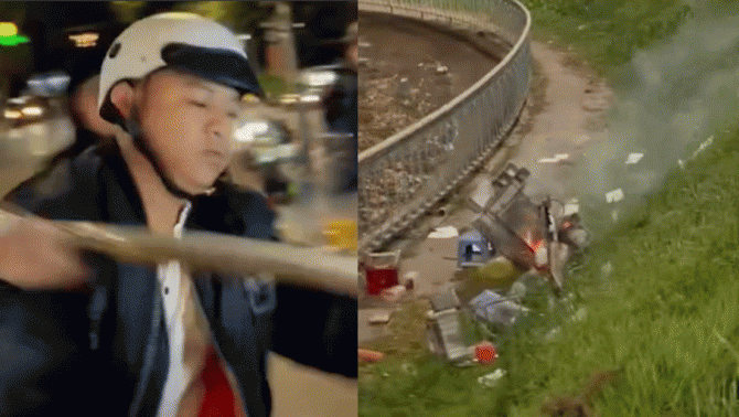 Camera ghi lại cảnh nhóm thanh niên chửi bới thô tục, dọa đánh và ném gánh hàng rong ở Đà Lạt gây cháy