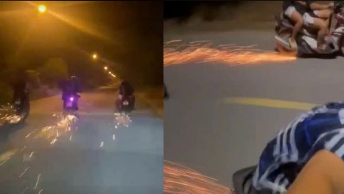 Bức xúc cảnh nhóm thiếu niên la hét, nằm trên yên xe và quệt chân chống xuống đường tạo tia lửa