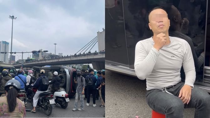 Hiện trường ô tô lật ngửa ở Ngã Tư Sở, tài xế có biểu hiện kỳ lạ sau khi được cứu ra khỏi xe