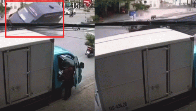 Quảng Ninh: Thót tim khi xem cảnh xe khách lật nghiêng khi đánh lái gấp để tránh xe đạp sang đường