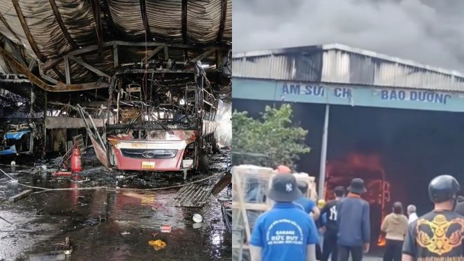 Hiện trường cháy dữ dội tại gara ôtô TP Pleiku, hai xe khách bị thiêu rụi hoàn toàn